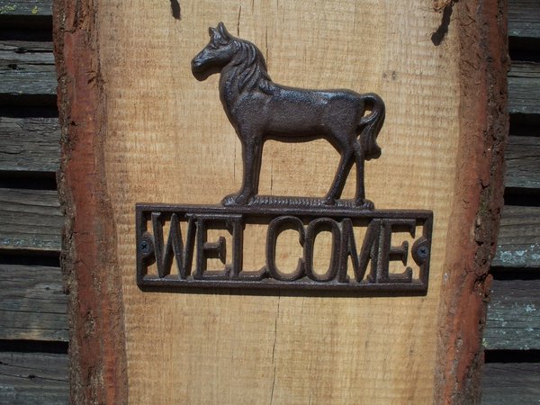 Brett, Pferd, Schriftzug "welcome"