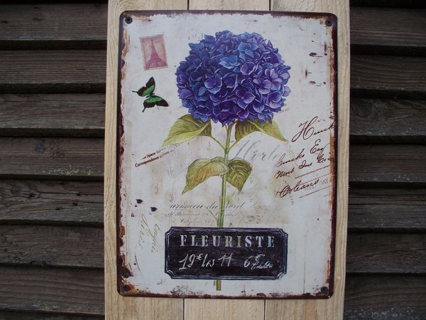 Bretterwand, Blech Fleuriste,Blume mit 2 Dekoglasflaschen